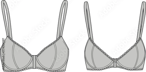 Fototapeta Technical fashion sketch of women's bras with underwire support, scalloped trim, adjustable straps, and front view lingerie design details