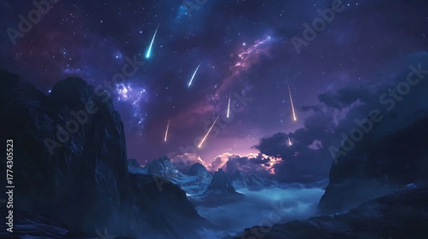 Obraz Dramatic night sky with falling meteors above mountain range