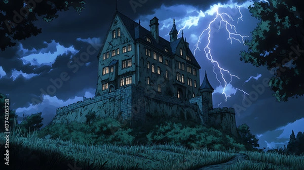 Obraz Dramatic night scene with illuminated historic building and lightning