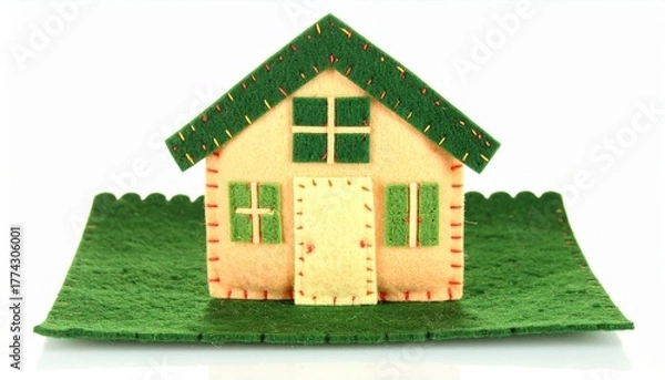 Fototapeta A charming handmade felt house sits on a green felt base, brightly lit on white.