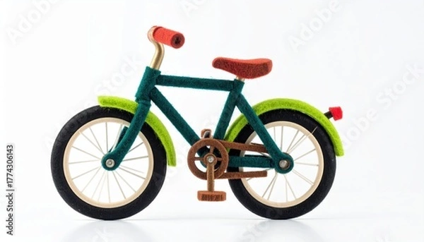 Fototapeta A charming miniature bicycle crafted from wood, showcasing vibrant, playful colors.