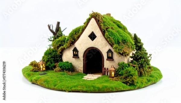 Fototapeta A charming miniature cottage with a moss-covered roof sits on a green lawn.