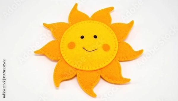 Fototapeta A cheerful yellow sun design with a smiling face and bright orange rays.