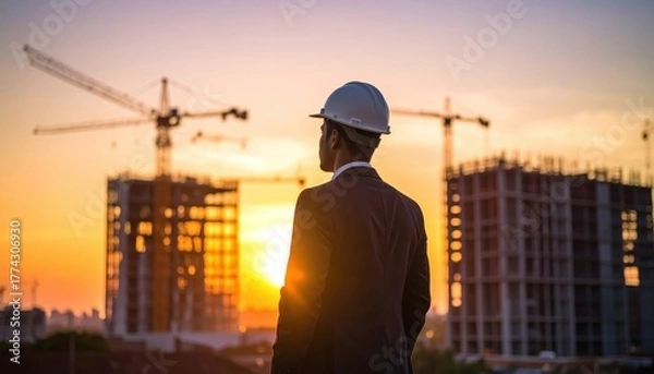Fototapeta A construction worker in a hard hat oversees a building project at sunset.