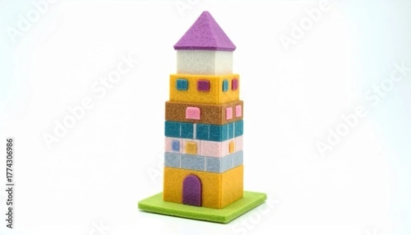 Fototapeta A colorful toy tower made of stacked blocks sits on a green base plate.