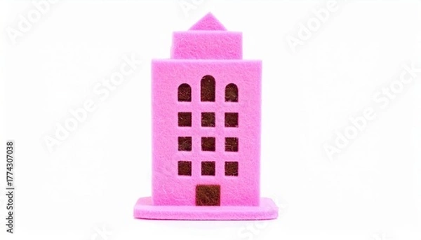 Fototapeta A pink toy building with a square base and a triangular roof stands .