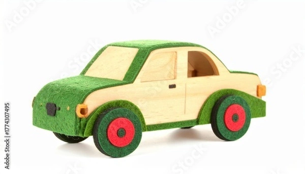 Fototapeta A wooden toy car with green and beige parts sits on a .