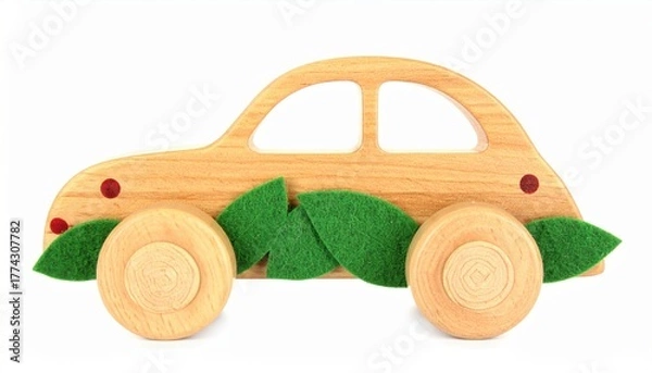 Fototapeta Wooden toy car with green felt leaves and red dots, on .