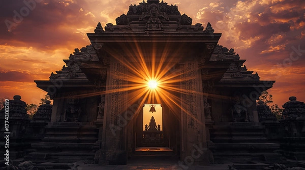 Fototapeta sunset at the temple Sacred Rays