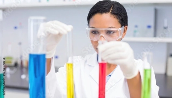 Fototapeta Scientist in lab coat and safety glasses examines colorful liquid in test tubes.