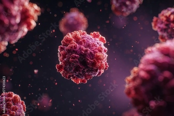 Fototapeta Microscopic view of virus particles in a dark fluid environment.