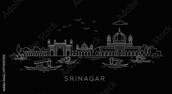 Fototapeta Srinagar Skyline Outline with Dal Lake Houseboats and Mughal Architecture