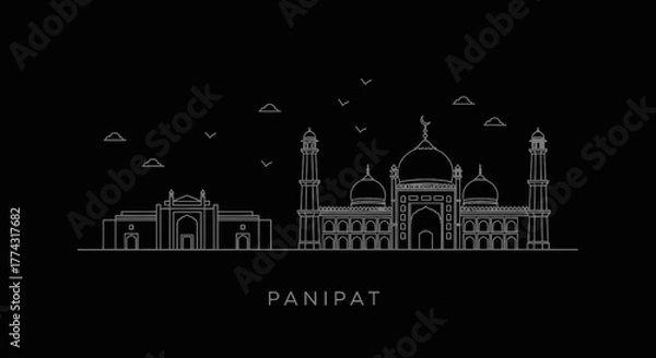Fototapeta Panipat Skyline Icon Vector Line Art Black Background