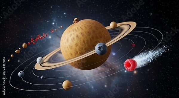 Obraz A creative and whimsical depiction of the solar system using various fruits and berries.