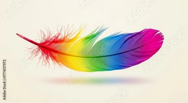 Obraz A vibrant, colorful feather floats against a soft, neutral background, showcasing its rainbow hues.