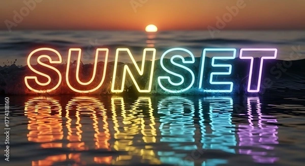 Obraz Vibrant neon sign spelling "SUNSET" reflects in calm ocean water, with the sun setting in the distance.