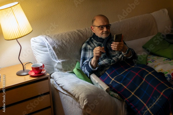 Obraz Elderly Man Relaxing on Sofa At Home Using Smartphone With Blanket and Warm Lamp Light