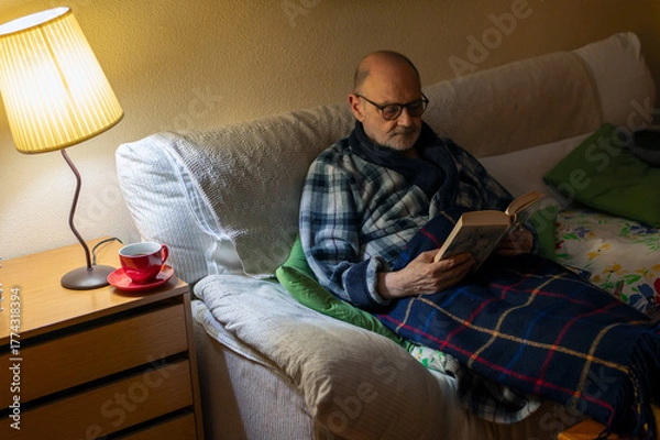 Obraz Older Man Reading Book on Sofa With Blanket, Lamp, and Cozy Home Vibe
