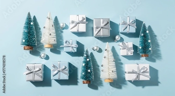 Obraz Overhead view of Christmas presents and miniature trees arranged on a light blue surface.