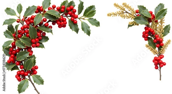 Obraz Christmas holly branches with red berries and golden accents, isolated on transparent background