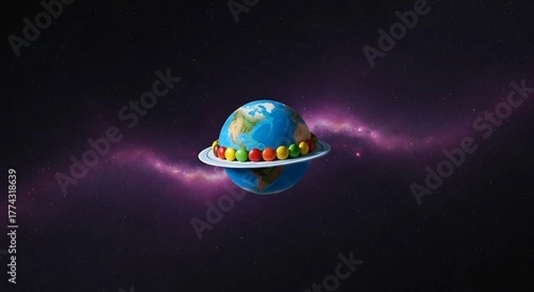 Obraz A whimsical depiction of Earth, adorned with colorful candies, floating in a cosmic scene.