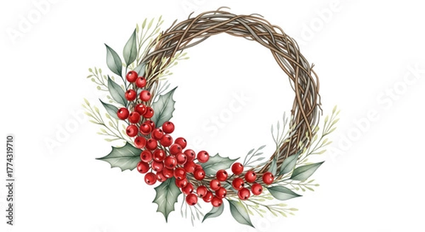 Obraz Watercolor christmas wreath with red berries, holly leaves, and dried grass, isolated on transparent background