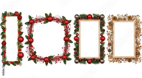 Obraz Four christmas frames and borders with red baubles, holly, pinecones, and berries, isolated on transparent background