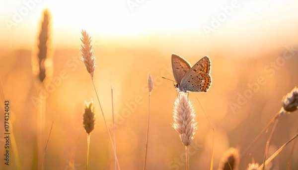 Fototapeta A delicate butterfly with orange and brown wings rests peacefully on a slender plant, bathed in the soft, warm glow of a golden sunset in a serene natural meadow