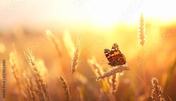 Fototapeta A beautiful butterfly perches on a wheat plant in a sun-drenched field, bathed in the golden light of a summer evening