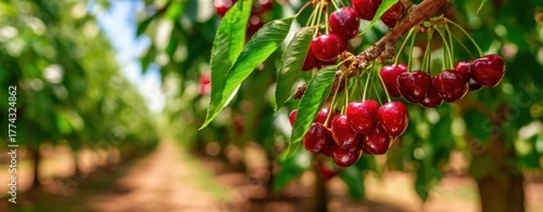 Fototapeta The cherries on a sunlit branch in a ripe red orchard row