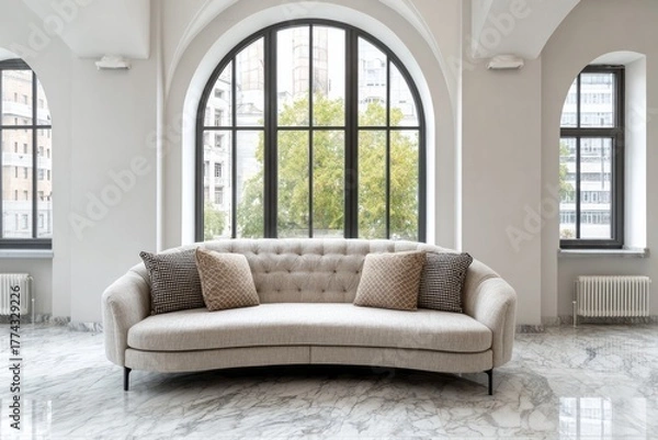 Fototapeta Elegant tufted sofa rests before arched windows with city views.