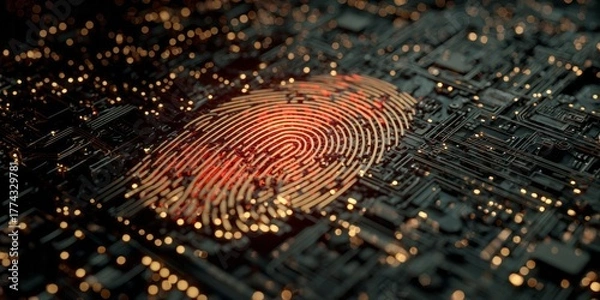 Fototapeta Glowing fingerprint on electronic circuit board signifies digital identity verification.