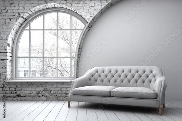 Fototapeta White tufted sofa against arched window with view of winter trees.
