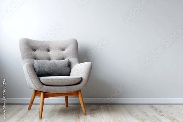 Fototapeta A modern armchair with a gray pillow rests against a blank wall.