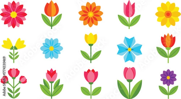 Fototapeta Vibrant collection of stylized spring flowers in various shapes and bright colors against a white background Art & Illustration