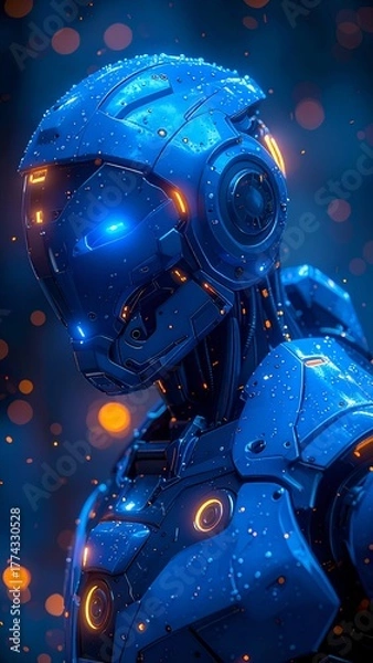 Fototapeta Futuristic blue robotic figure with glowing accents, set against a bokeh background of warm lights