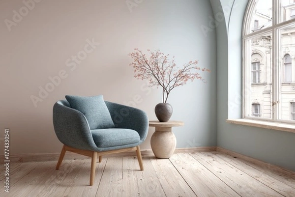 Fototapeta Cozy armchair sits by a window with a vase of branches.