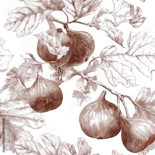 Fototapeta Fig Toile de jouy Seamless pattern. Illustration of fig fruits and leaves in a detailed botanical style.