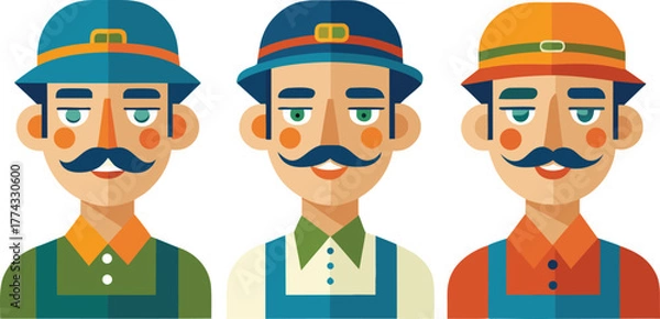 Fototapeta Three stylized cartoon men with mustaches and hats in colorful work clothes isolated on white background Art & Illustration