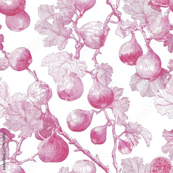 Fototapeta Fig Toile de jouy Seamless pattern. Botanical illustration featuring fig branches and leaves in a detailed pattern.