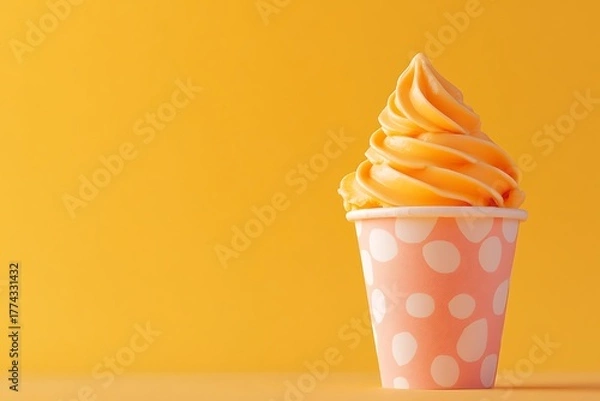 Fototapeta Orange flavor soft serve ice cream on Colorful paper cup