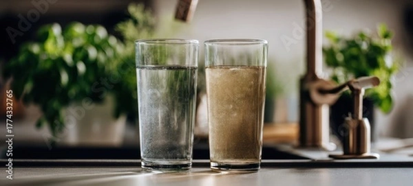 Obraz The Glasses Showing One Clear And One Cloudy Glass Of Water In Kitchen Sink