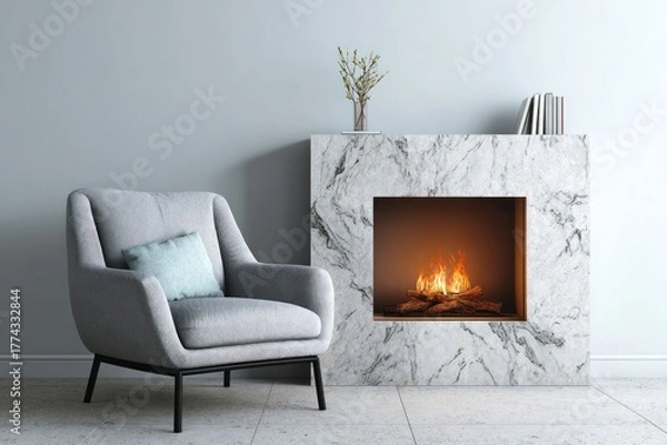 Fototapeta Cozy armchair and marble fireplace with burning logs create warm atmosphere.