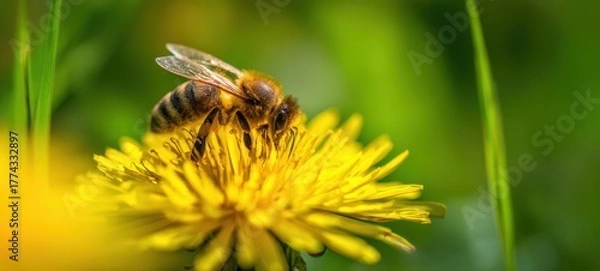 Fototapeta The Bee Gathering Nectar on a Bright Yellow Dandelion in Summer Meadow