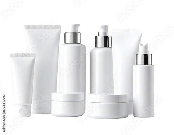 Fototapeta White Cosmetic Packaging Set with Silver Caps Isolated on Transparent Background PNG  