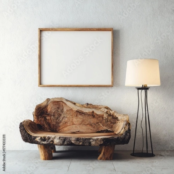 Fototapeta Rustic wooden bench and lamp complement blank wall art.