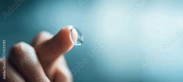 Fototapeta The Contact Lens on a Finger Against Soft Blue Bokeh Background for Vision Care