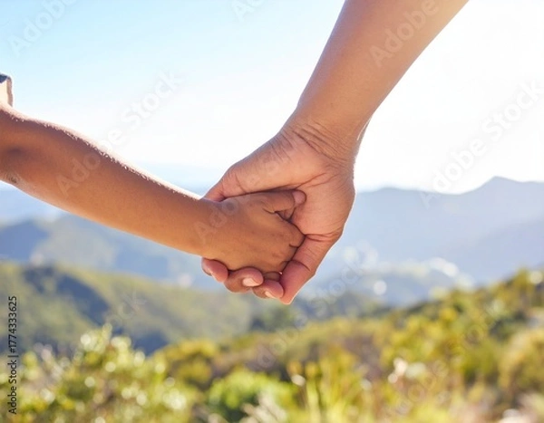 Obraz A parent's gentle hand guides a child's in a tender moment, symbolizing love, protection, and the beauty of shared journeys amidst a serene landscape