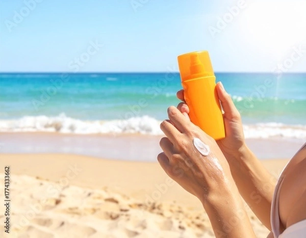 Obraz Protecting Skin at the Beach Applying Sunscreen for Sun Safety