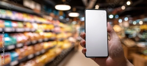 Obraz The smartphone with blank screen in supermarket aisle used for mobile shopping